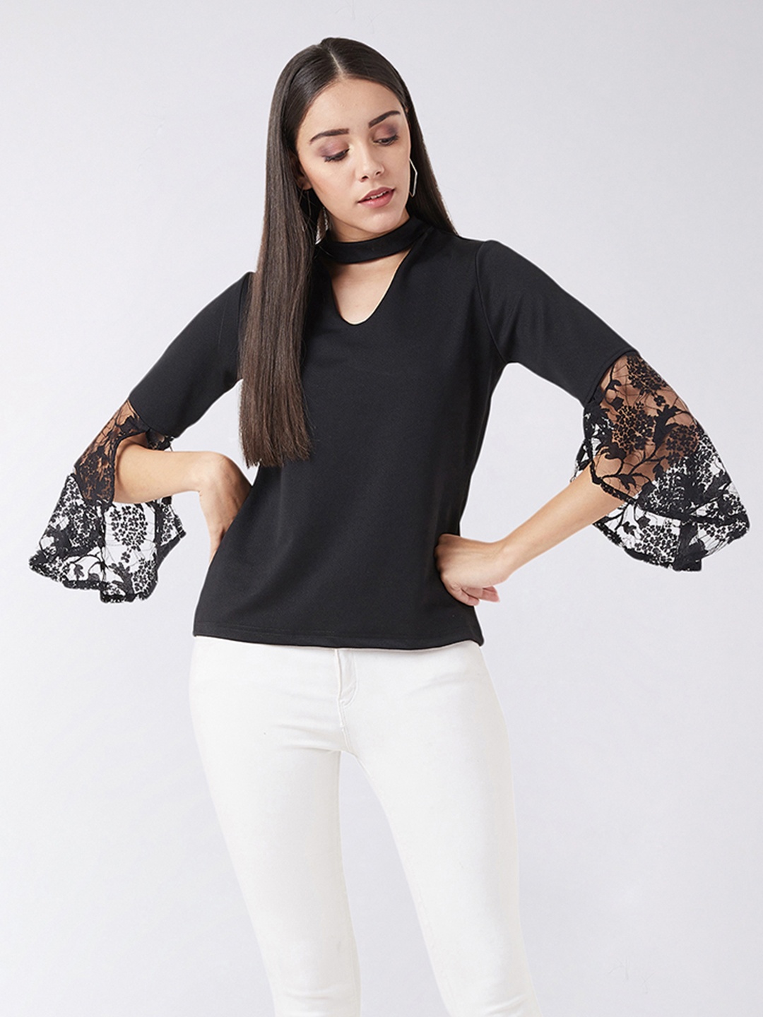 

DressBerry Black Choker Neck Bell Sleeves Solid Regular Top