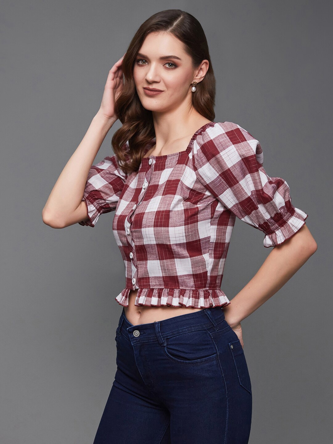 

DressBerry Maroon Checked Puff Sleeve Georgette Crop Top