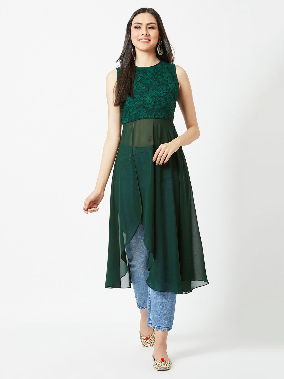 

DressBerry Green Floral Printed Georgette Maxi Longline Top