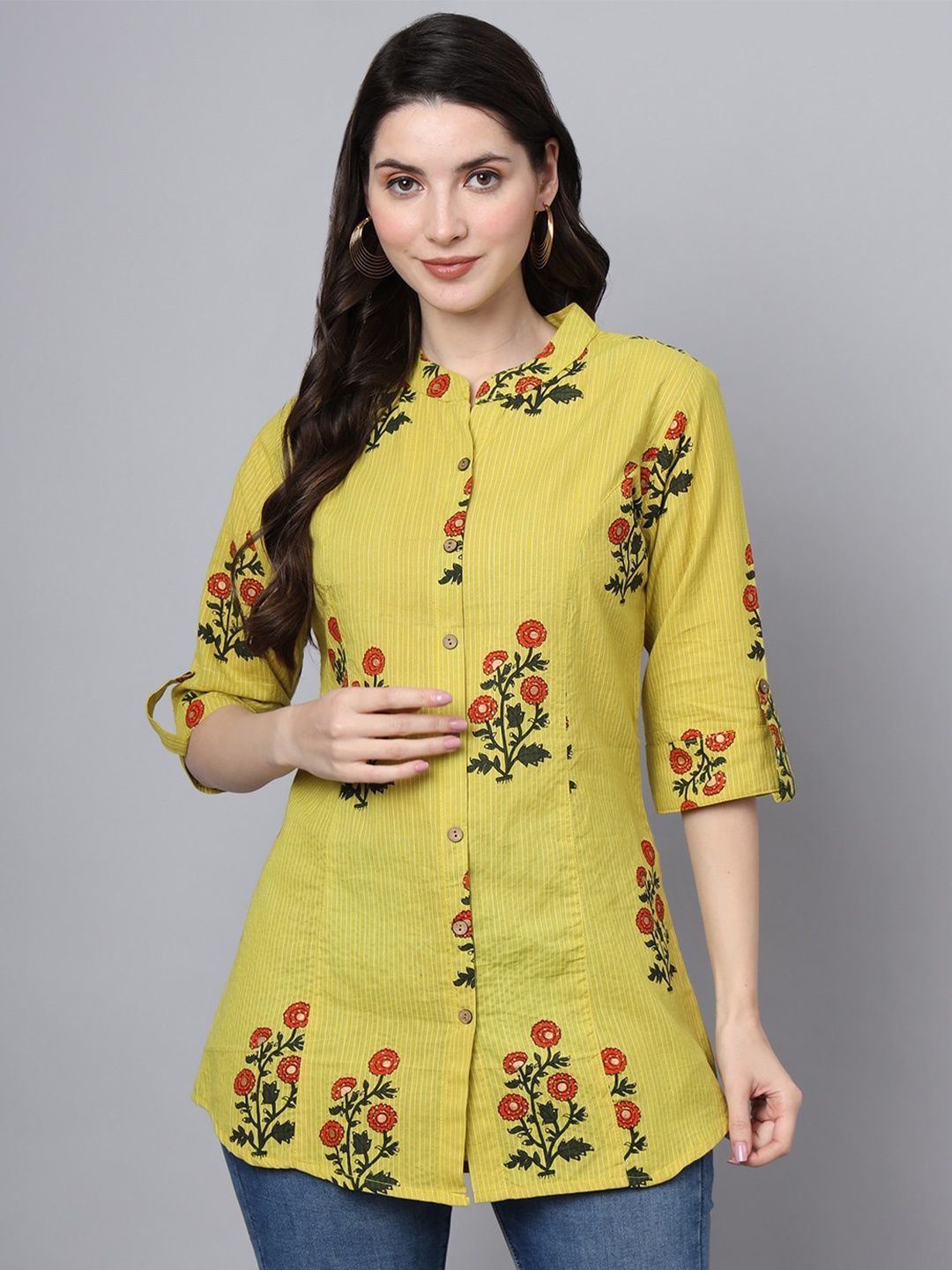 

Divena Mandarin Collar Floral Print Ethnic Cotton Shirt Style Longline Top, Yellow