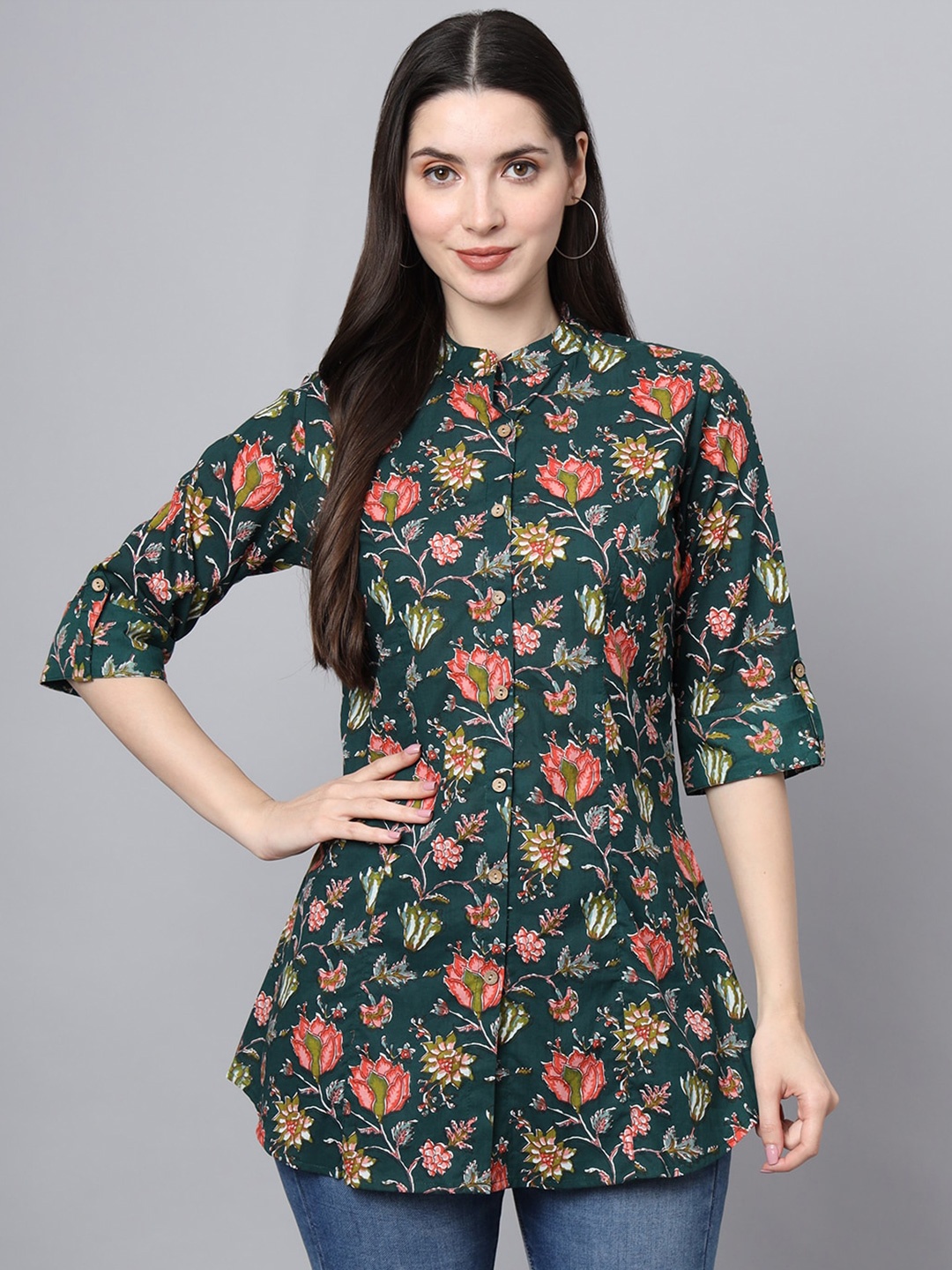 

Divena Floral Print Mandarin Collar Cotton Shirt Style Casual Top, Green