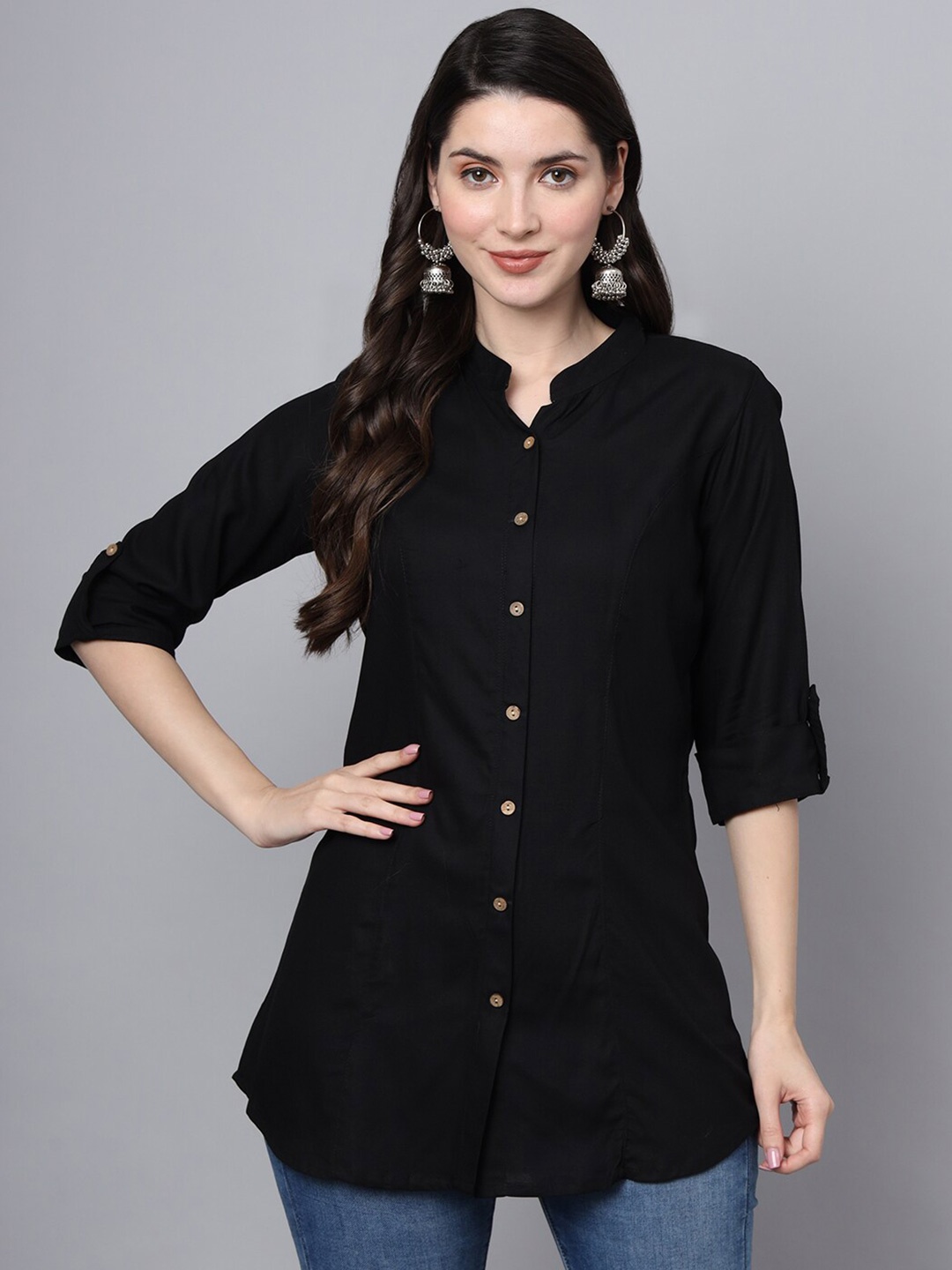 

Divena Mandarin Collar Roll-Up Sleeves Ethnic Cotton Shirt Style Top, Black