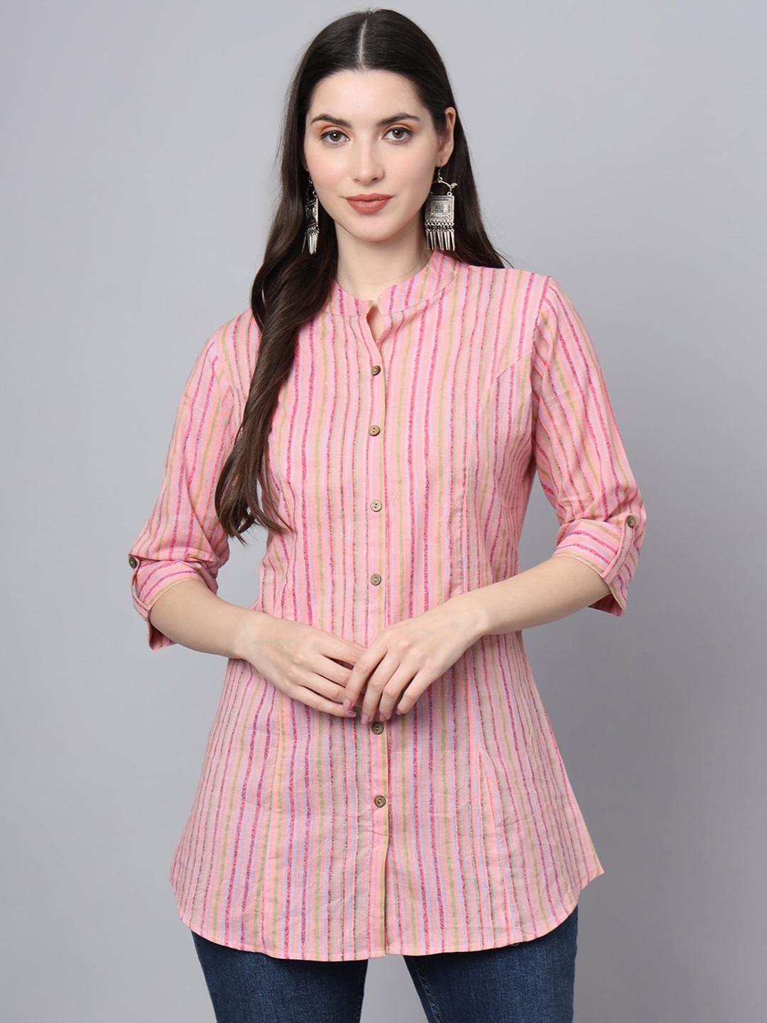 

Divena Vertical Stripes Mandarin Collar Cotton Shirt Style Longline Top, Pink