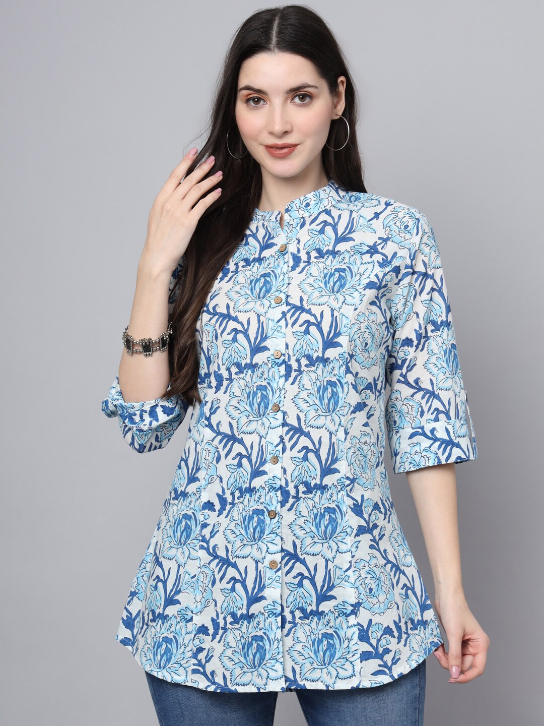 

Divena Floral Printed Mandarin Collar Roll-Up Sleeves Cotton Shirt Style Top, Blue