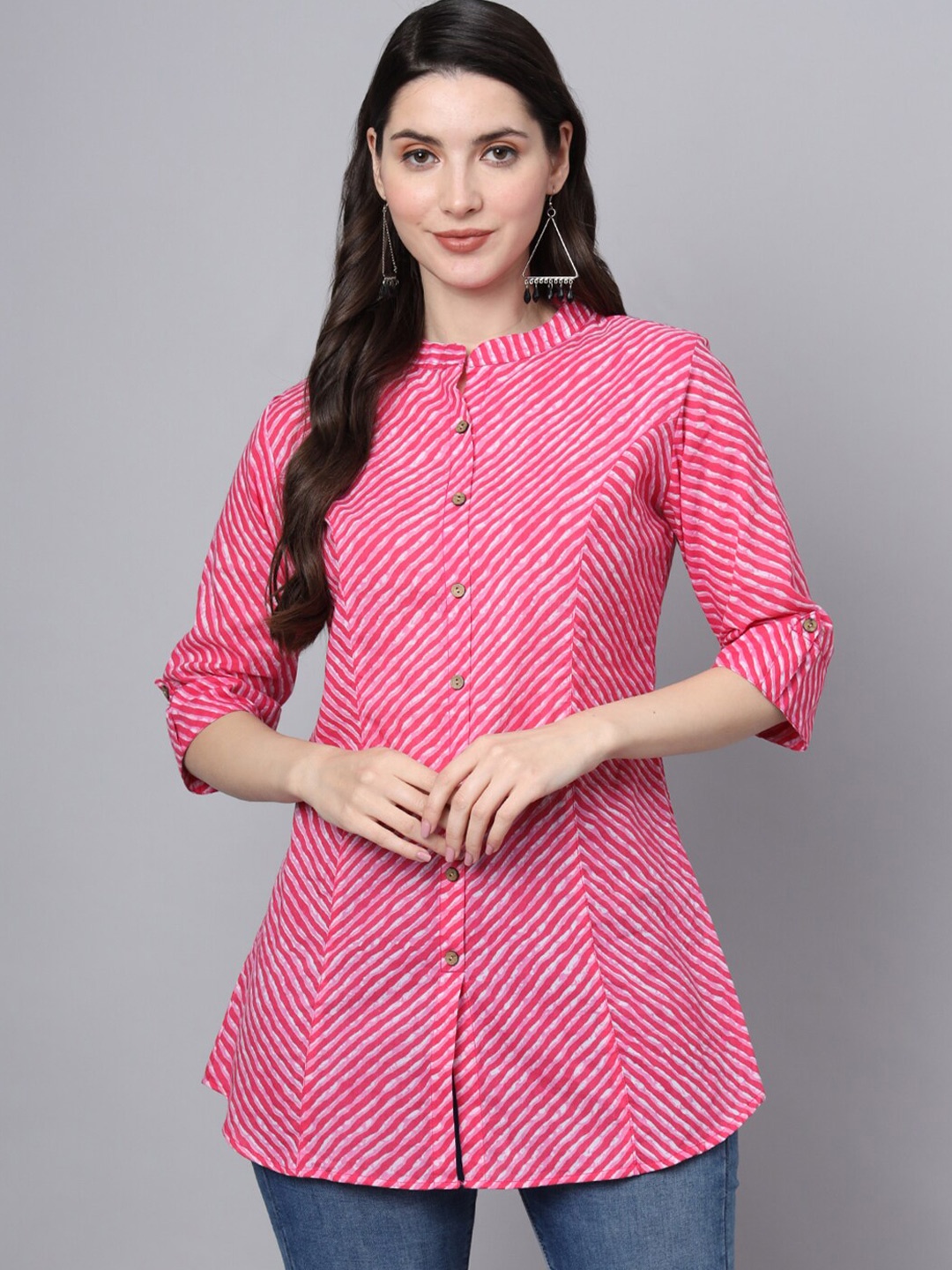 

Divena Geometric Printed Mandarin Collar Ethnic Cotton Shirt Style Longline Top, Pink