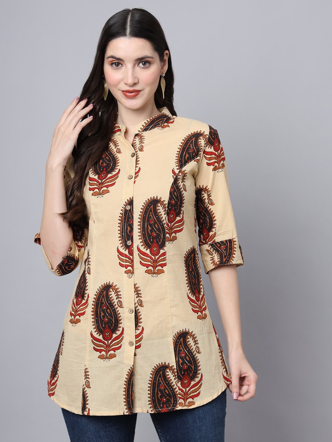 

Divena Ethnic Print Mandarin Collar Ethnic Cotton Longline Top, Cream