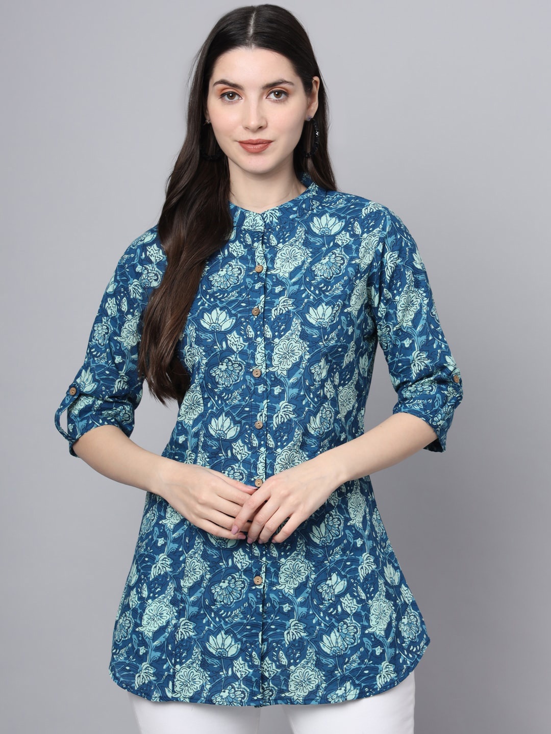 

Divena Floral Print Mandarin Collar Floral Printed Cotton Tunic Top, Blue