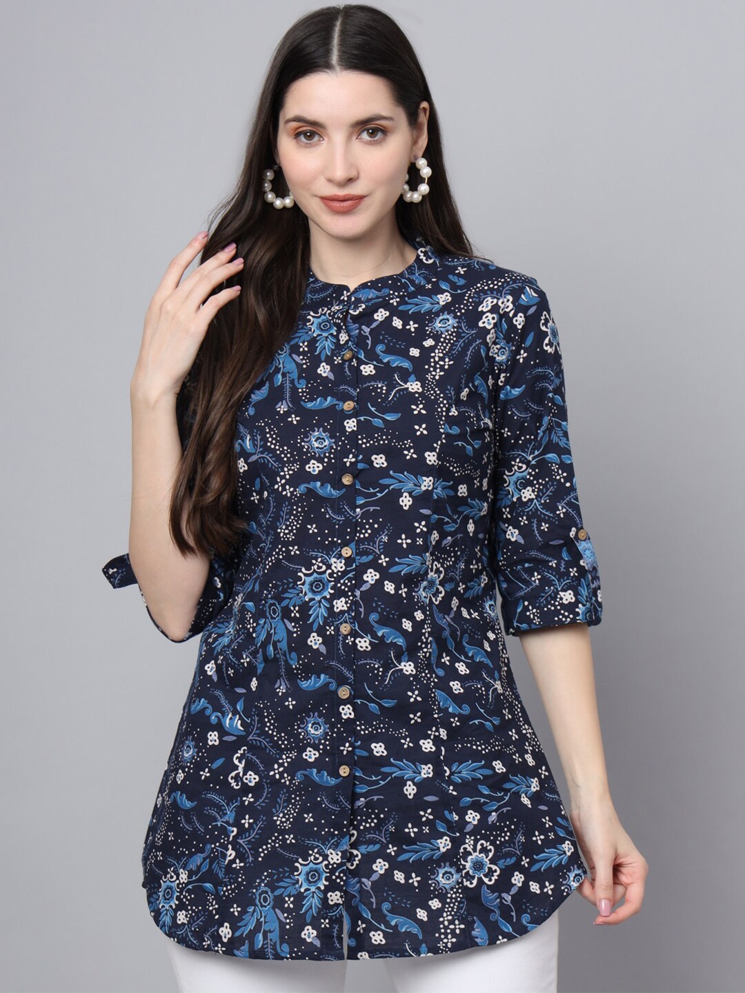 

Divena Floral Print Mandarin Collar Roll-Up Sleeves Ethnic Cotton Top, Blue