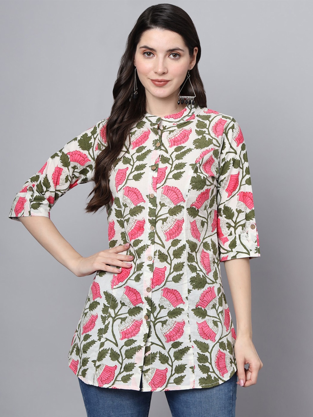 

Divena Pink Floral Print Mandarin Collar Cotton Shirt Style Longline Casual Top