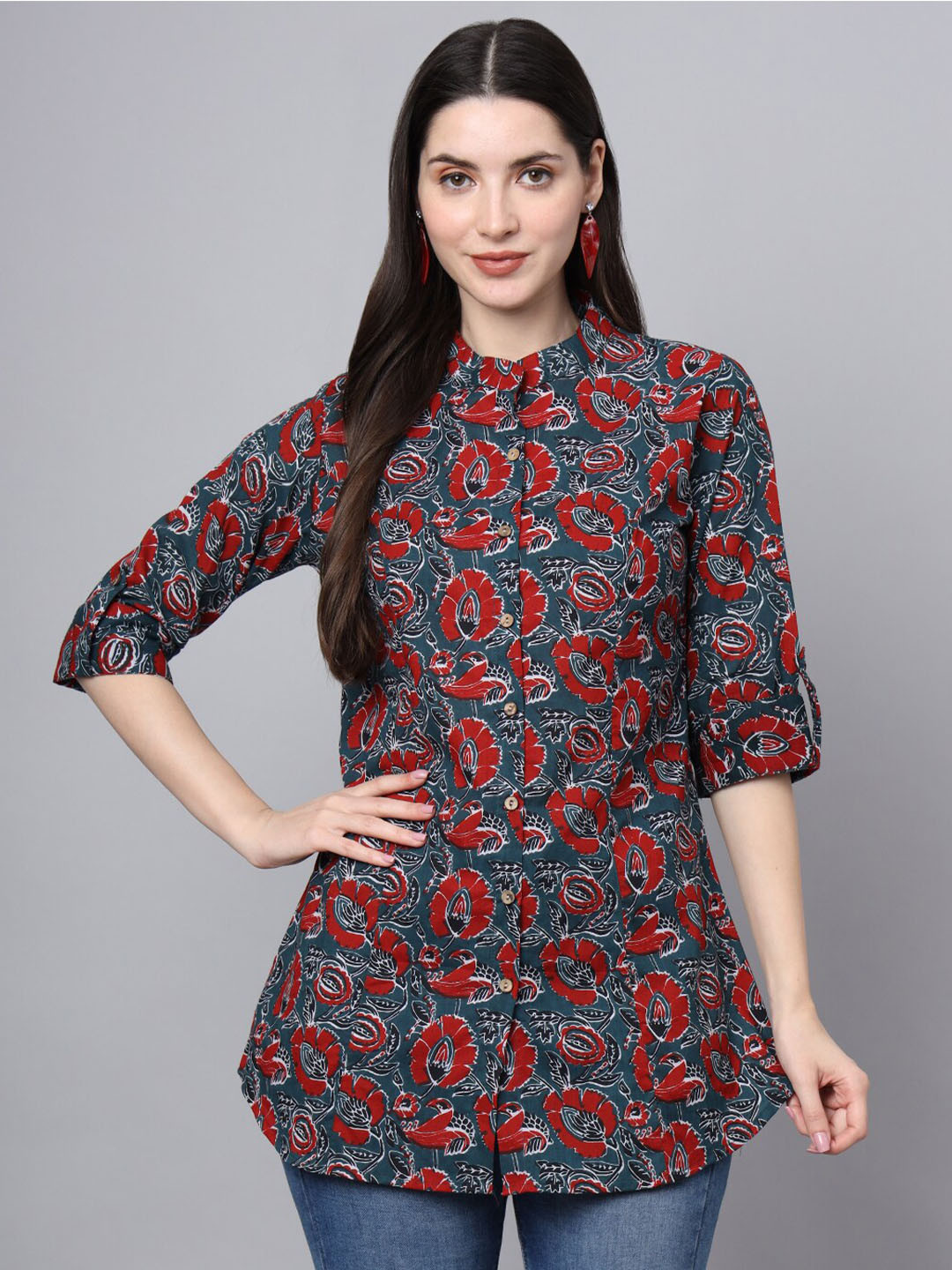 

Divena Floral Printed Mandarin Collar Roll-Up Sleeves Cotton Shirt Style Top, Blue