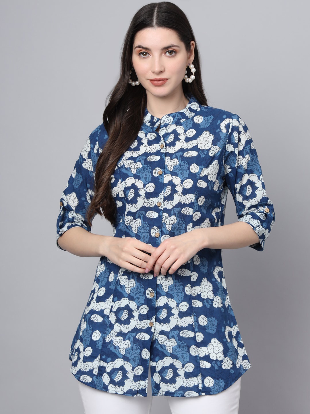 

Divena Floral Print Mandarin Collar Cotton Shirt Style Top, Blue