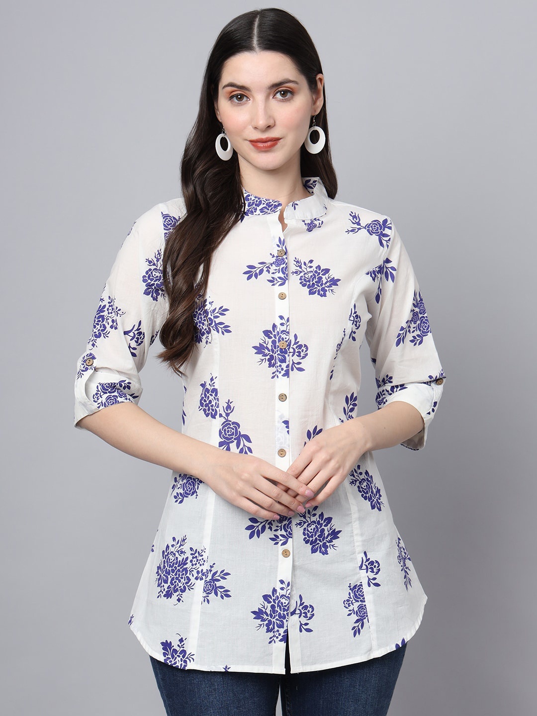 

Divena Floral Printed Mandarin Collar Ethnic Cotton Longline Top, White