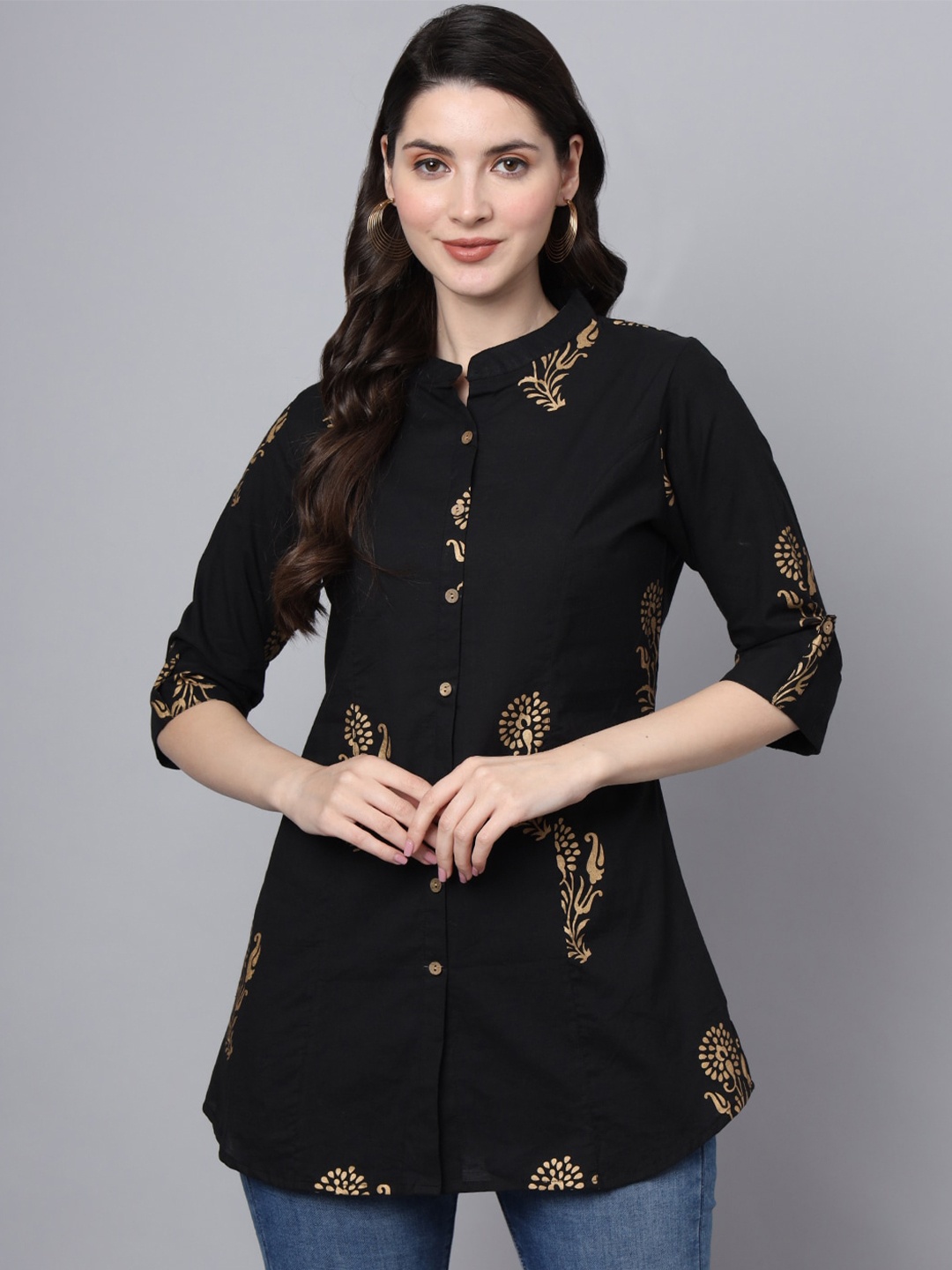 

Divena Ethnic Motif Print Mandarin Collar Three-Quarter Sleeves Cotton Tunic, Black