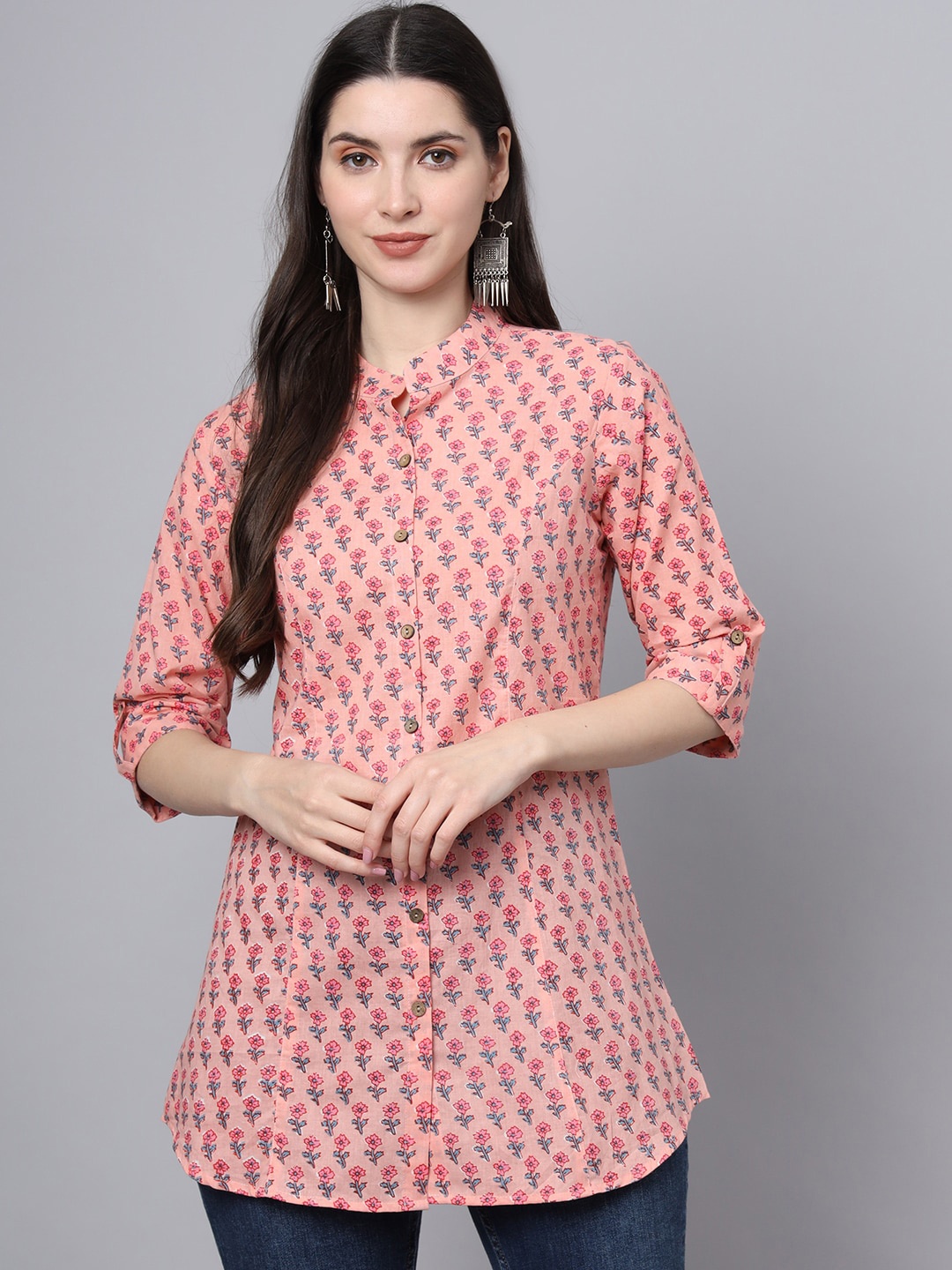 

Divena Floral Printed Mandarin Collar Ethnic Cotton Shirt Style Longline Top, Pink