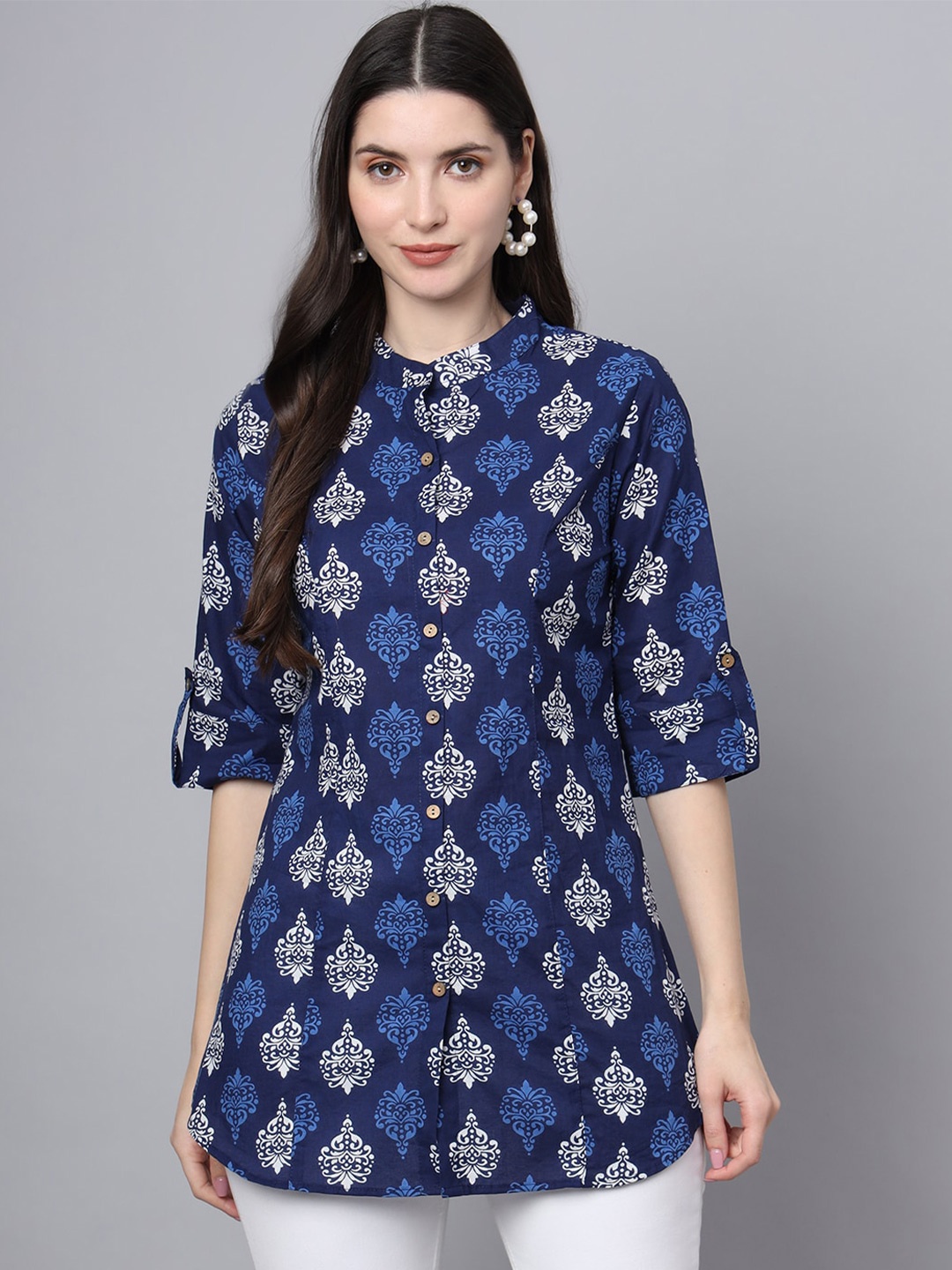 

Divena Ethnic Printed Mandarin Collar Roll-Up Sleeves Cotton Shirt Style Longline Top, Blue