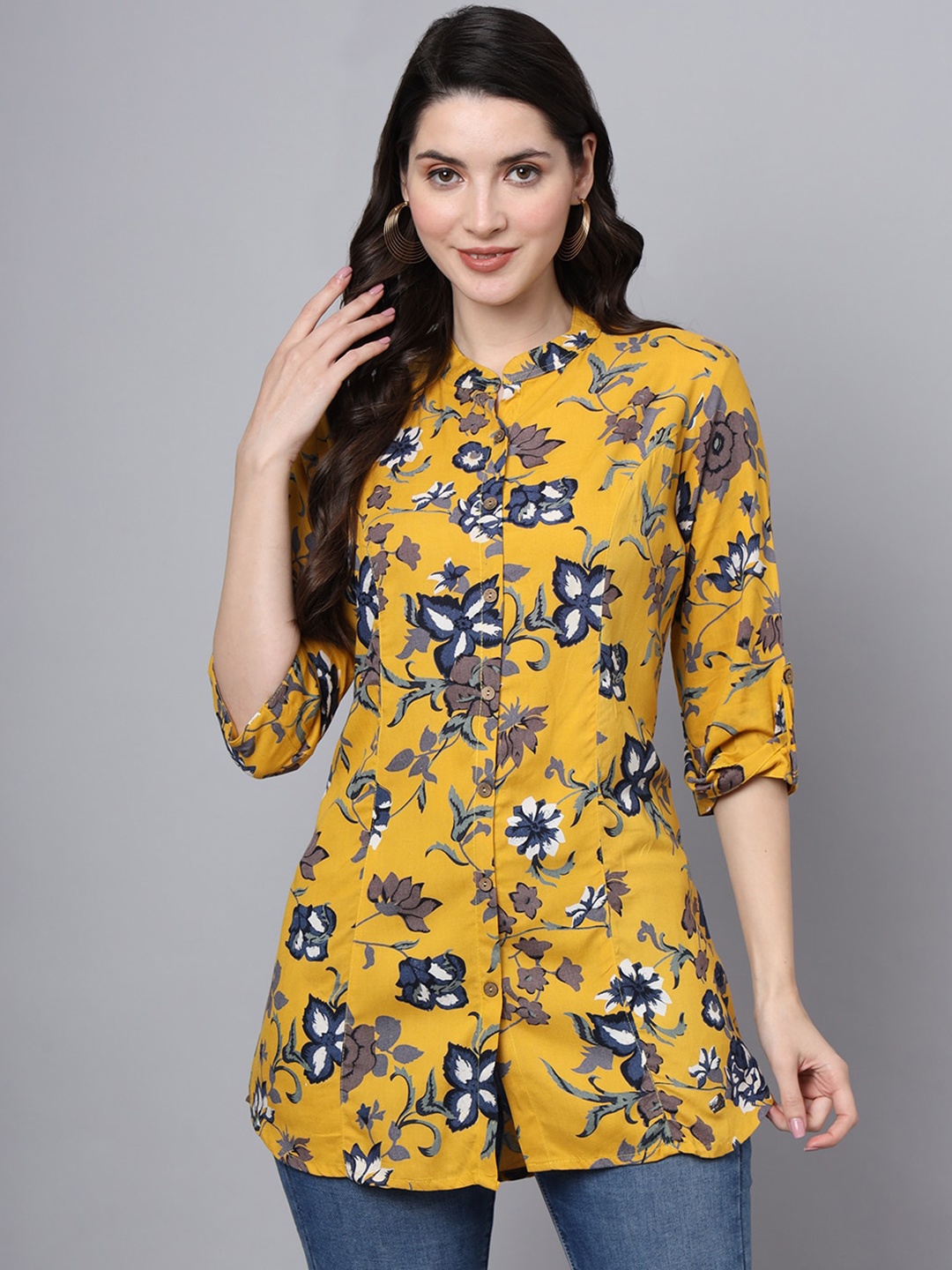 

Divena Floral Printed Mandarin Collar Roll-Up Sleeves Cotton Shirt Style Longline Top, Yellow