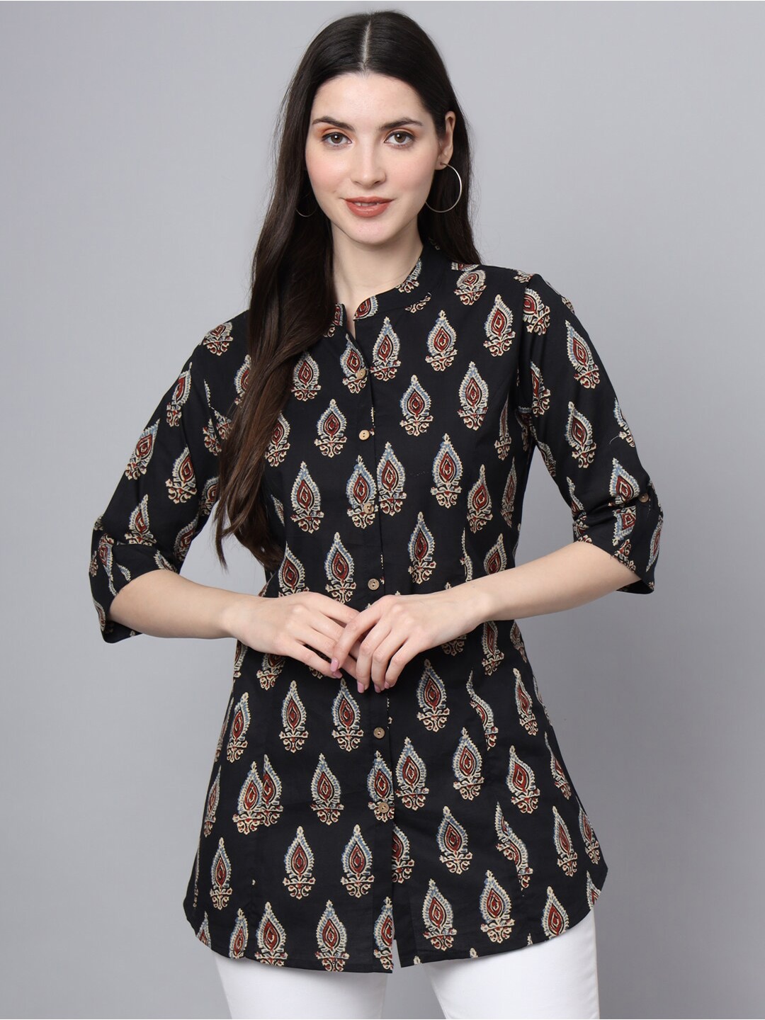

Divena Ethnic Motifs Print Cotton Mandarin Collar Longline Casual Top, Black