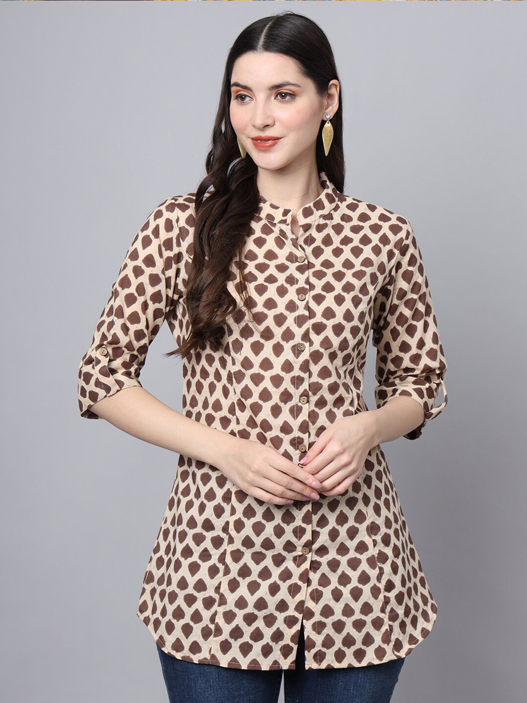 

Divena Ethnic Print Mandarin Collar Ethnic Cotton Shirt Style Top, Brown