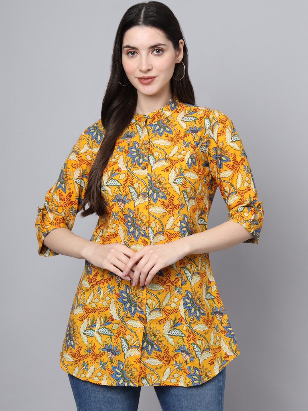 

Divena Floral Print Mandarin Collar Ethnic Cotton Shirt Style Top, Yellow