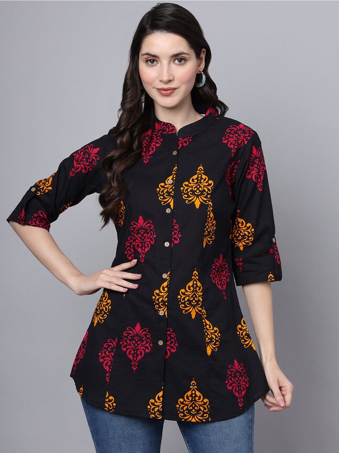 

Divena Floral Print Mandarin Collar Roll-Up Sleeves Ethnic Cotton Shirt Style Longline Top, Black