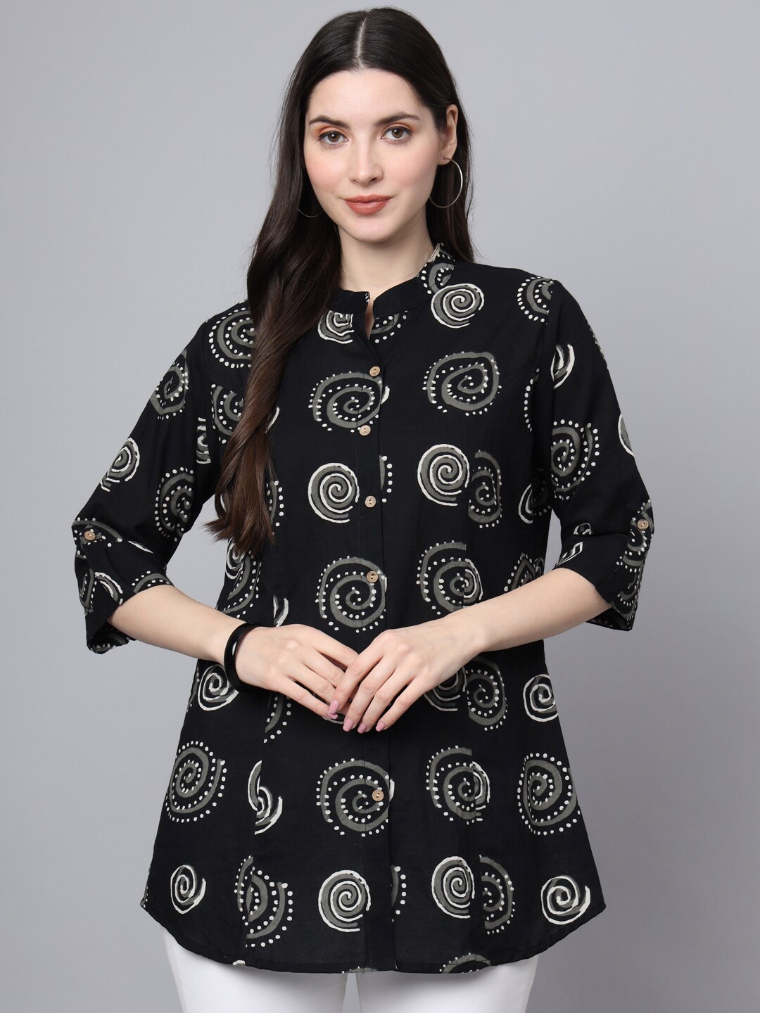 

Divena Ethnic Print Mandarin Collar Ethnic Cotton Shirt Style Top, Black