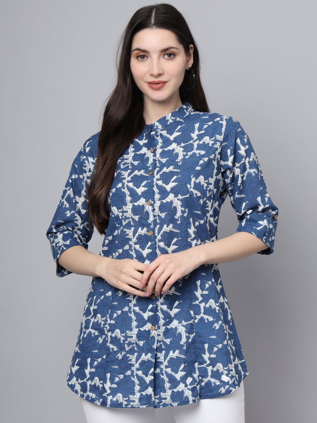 

Divena Floral Print Ethnic Cotton Shirt Style Longline Casual Top, Blue