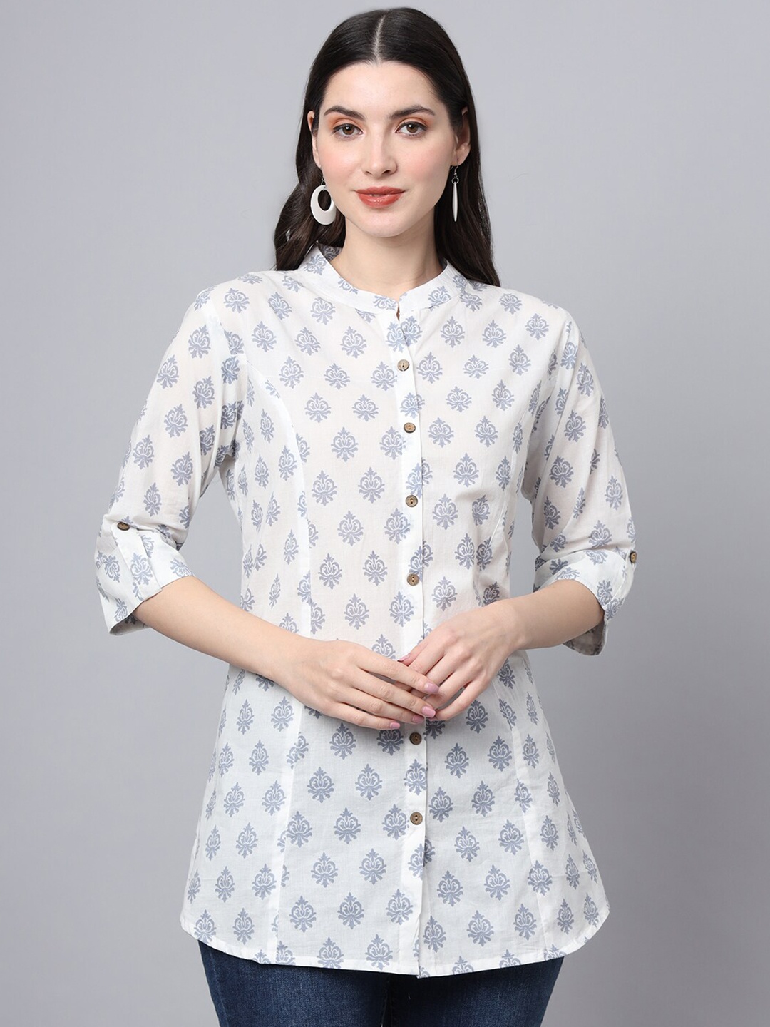 

Divena Floral Printed Mandarin Collar Cotton Shirt Style Longline Top, White
