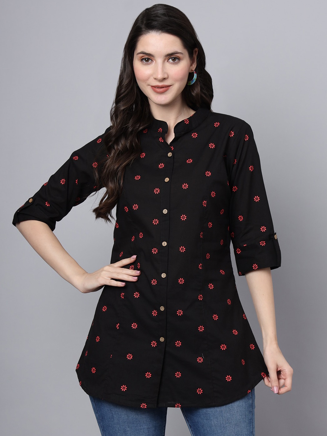 

Divena Conversational Printed Mandarin Collar Ethnic Cotton Shirt Style Longline Top, Black