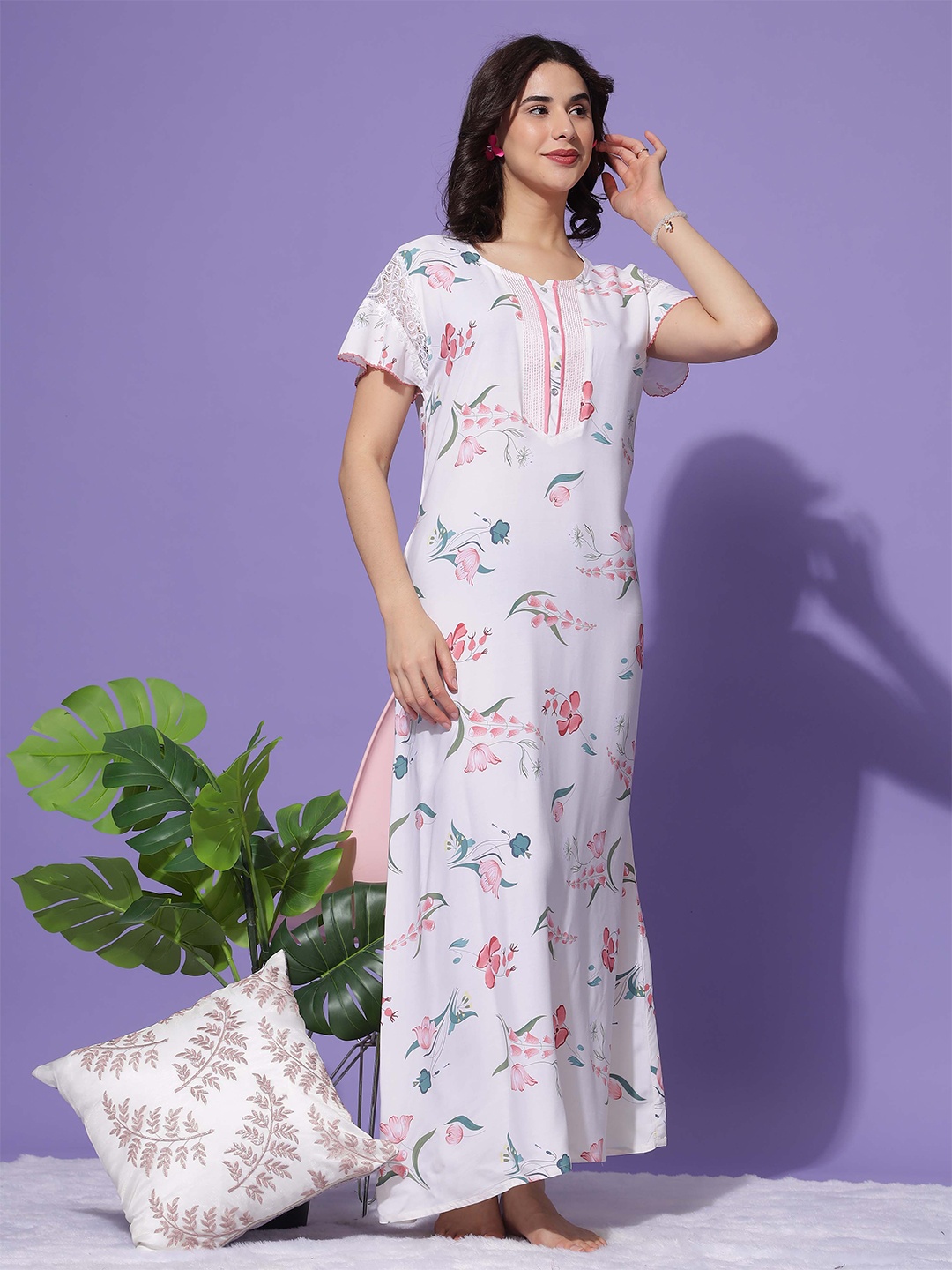 

9shines Label Floral Printed Maxi Regular Nightdress, Cream