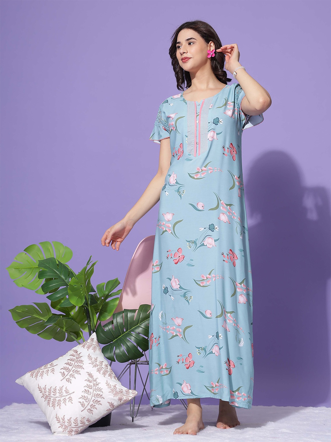 

9shines Label Floral Printed Maxi Regular Nightdress, Sea green