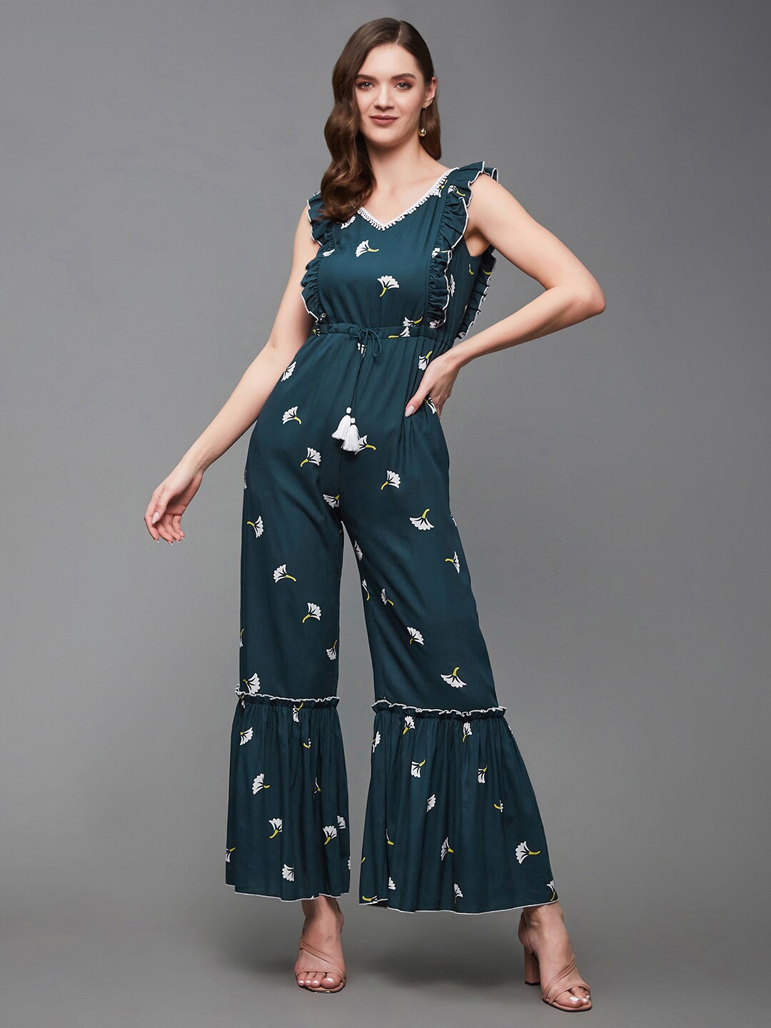 

DressBerry Teal Blue Floral Printed Ruffled Basic Jumpsuit