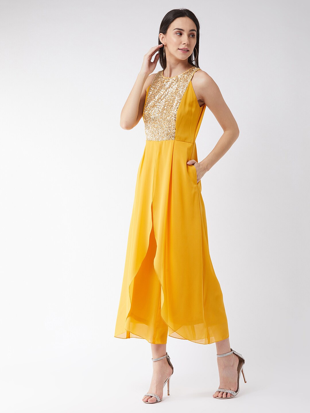 

DressBerry Mustard Yellow Sequined Layered Basic Jumpsuit