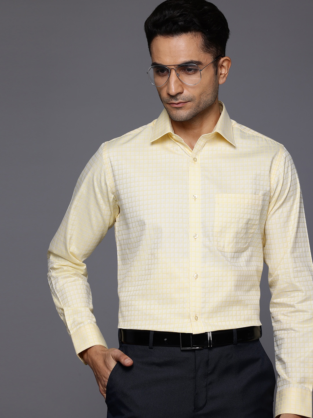 

Raymond Pure Cotton Slim Fit Self-Checked Formal Shirt, Yellow