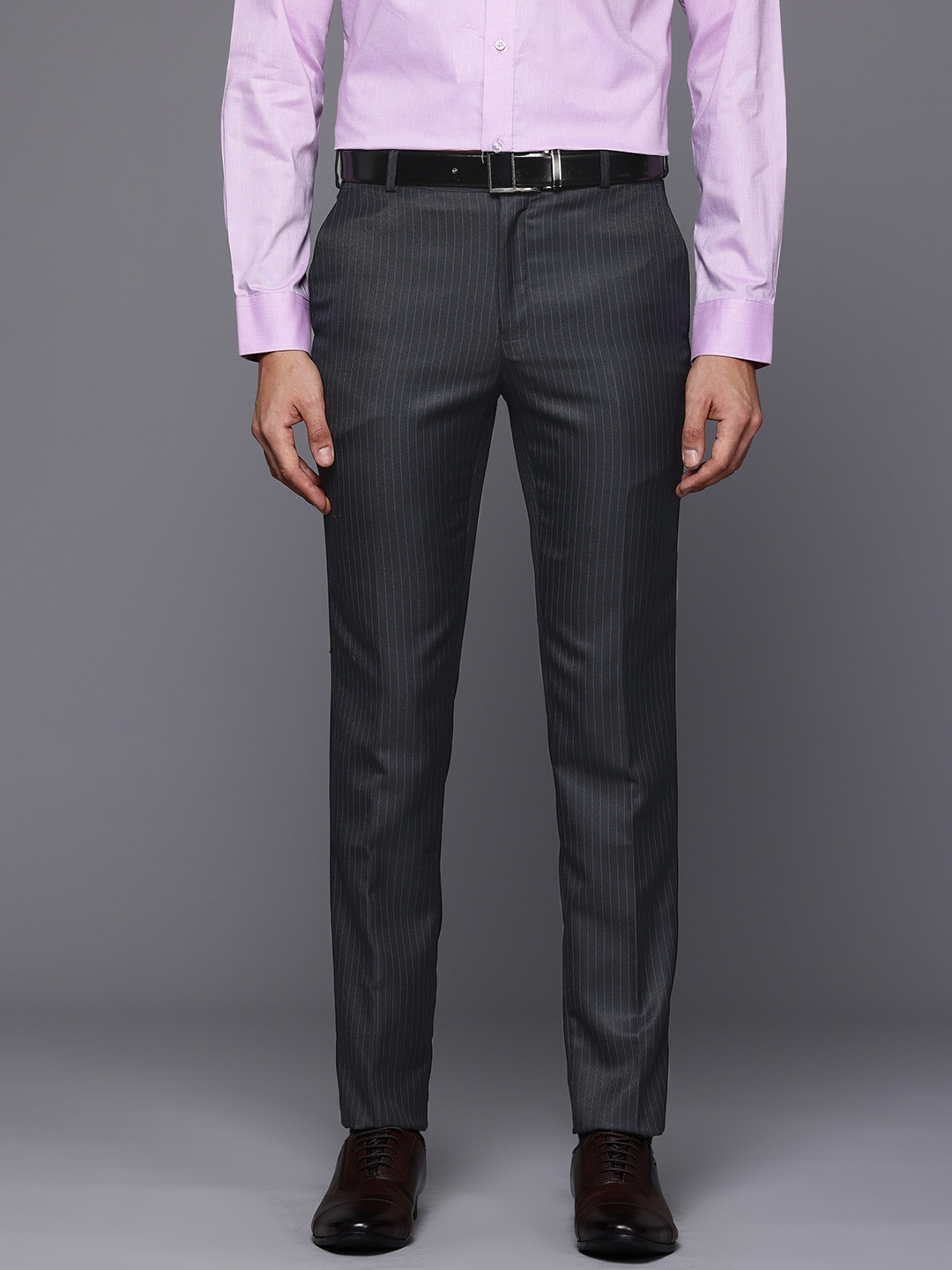 

Raymond Men Striped Slim Fit Formal Trousers, Charcoal
