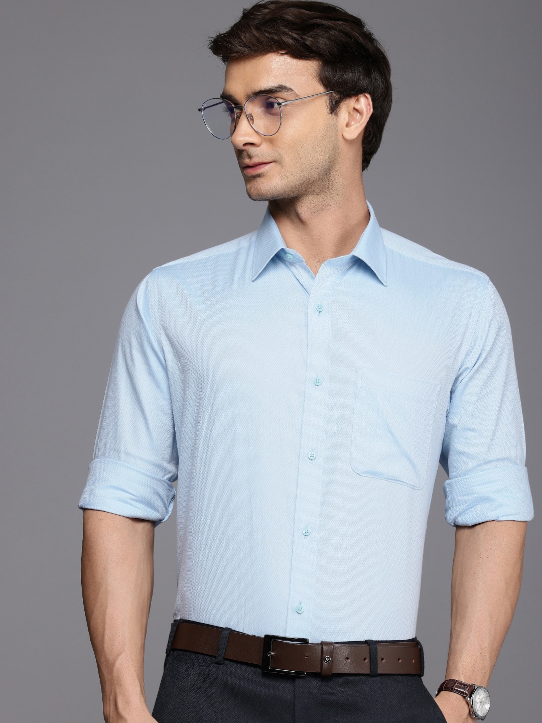 

Raymond Slim Fit Geometric Self Design Pure Cotton Formal Shirt, Blue