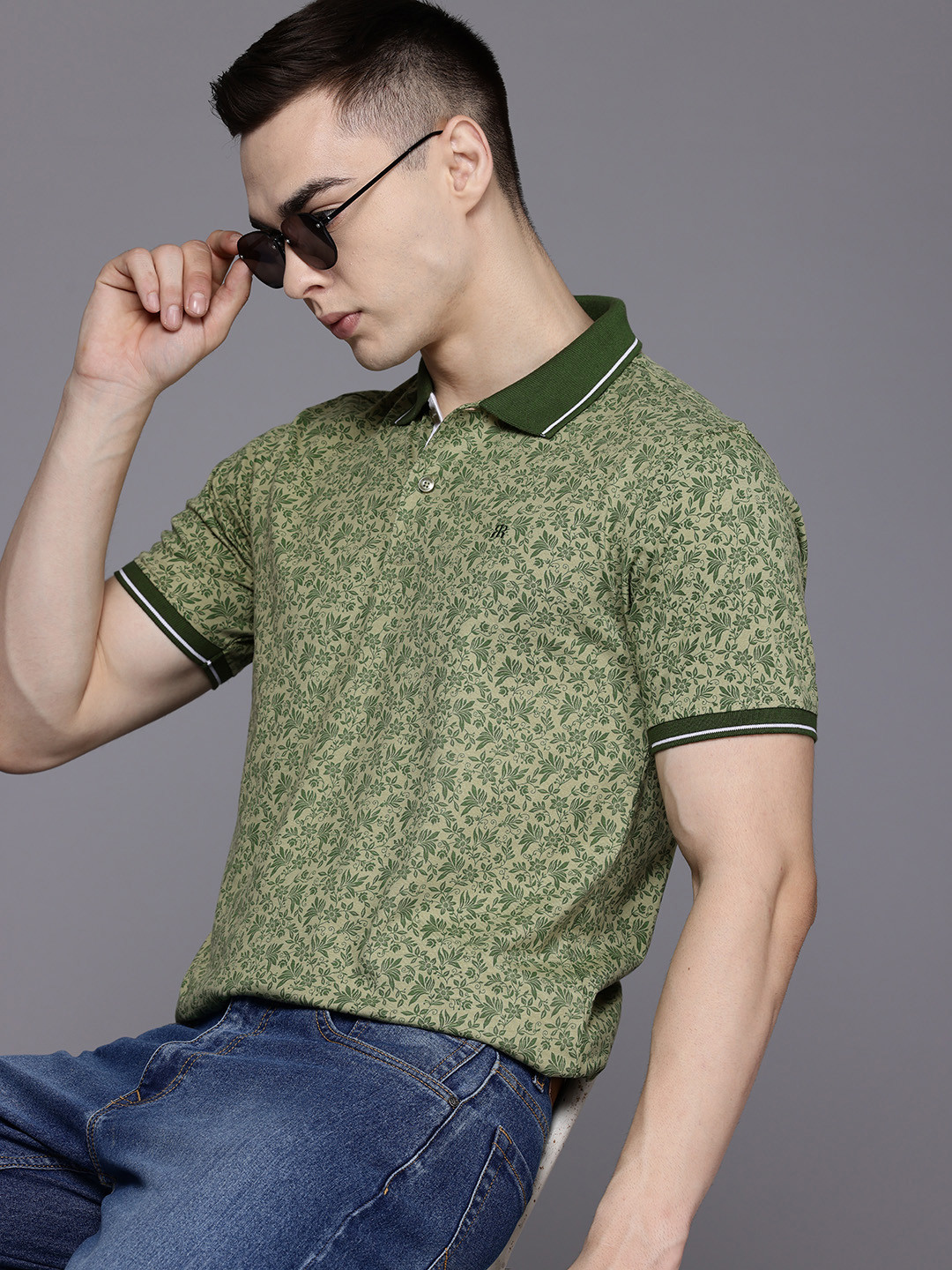 

Raymond Floral Print Polo Collar Pure Cotton T-shirt, Green