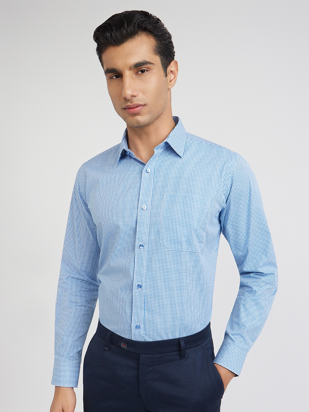 

Raymond Slim Fit Gingham Checks Pure Cotton Formal Shirt, Blue