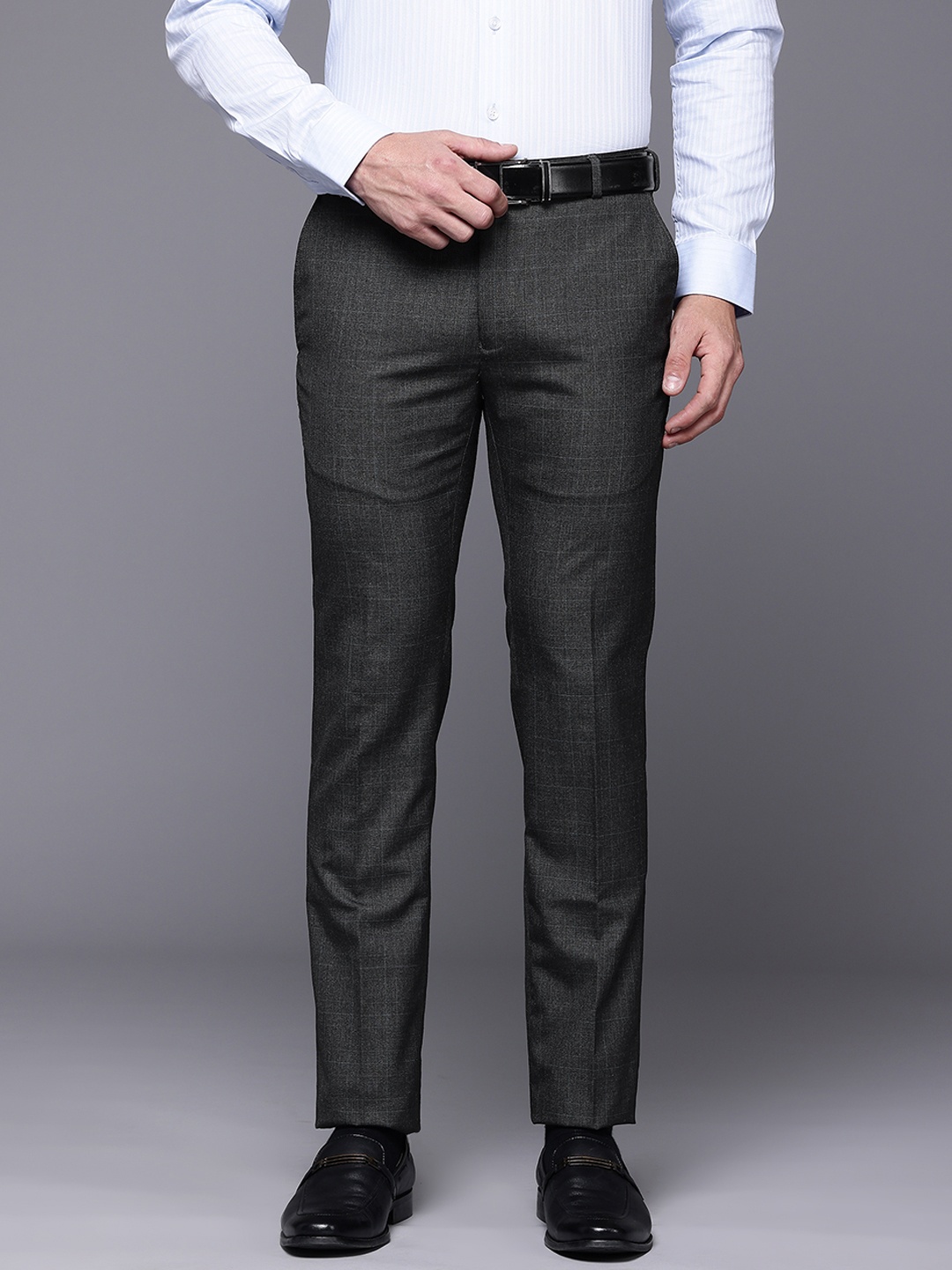 

Raymond Men Checked Slim Fit Formal Trousers, Charcoal