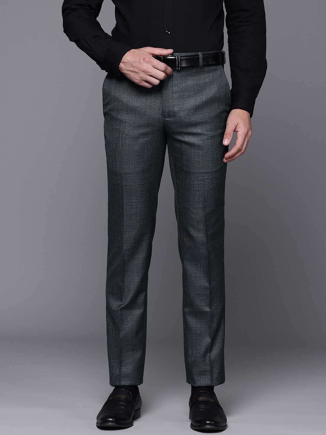 

Raymond Men Textured Slim Fit Formal Trousers, Blue