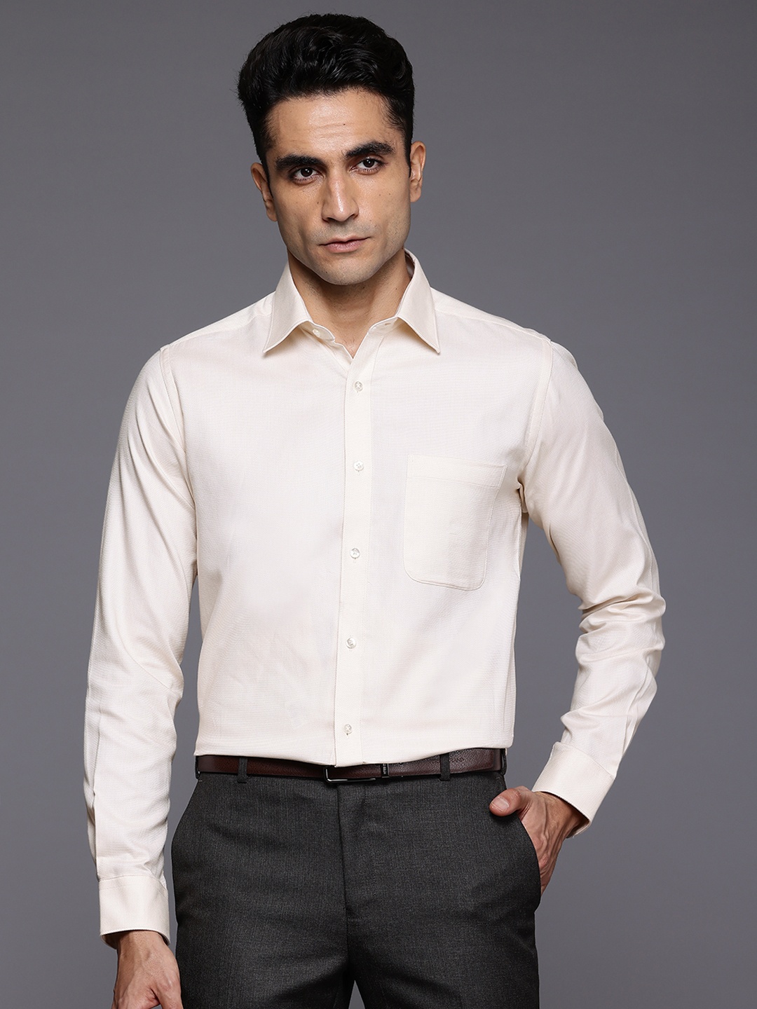 

Raymond Pure Cotton Self-Design Slim Fit Formal Shirt, Cream