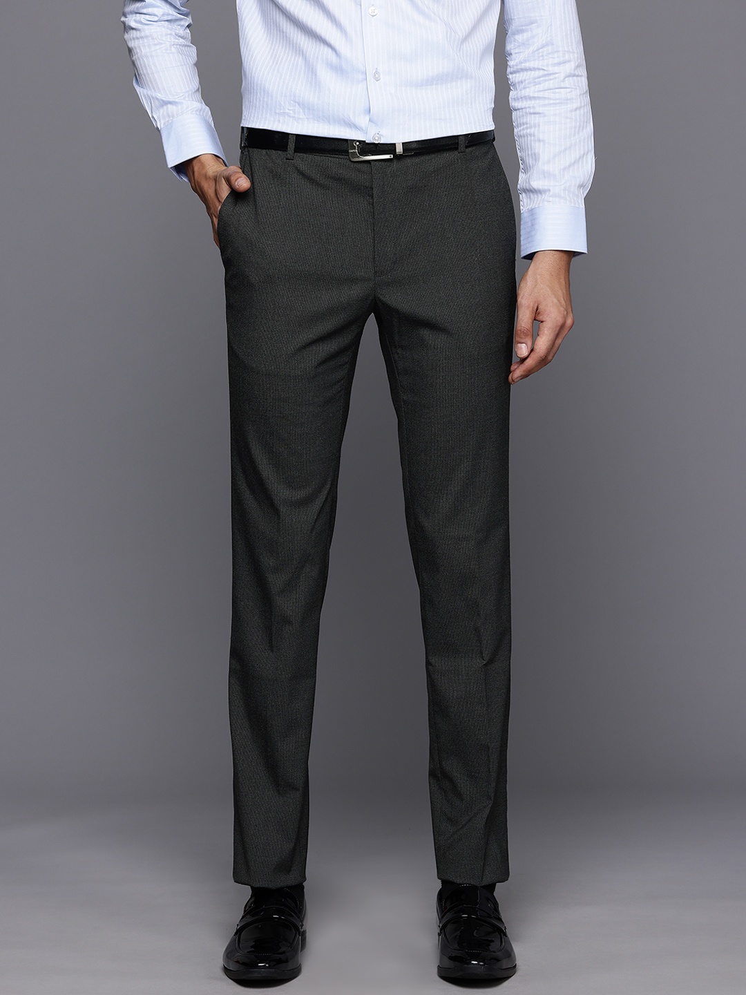 

Raymond Men Checked Slim Fit Trousers, Charcoal