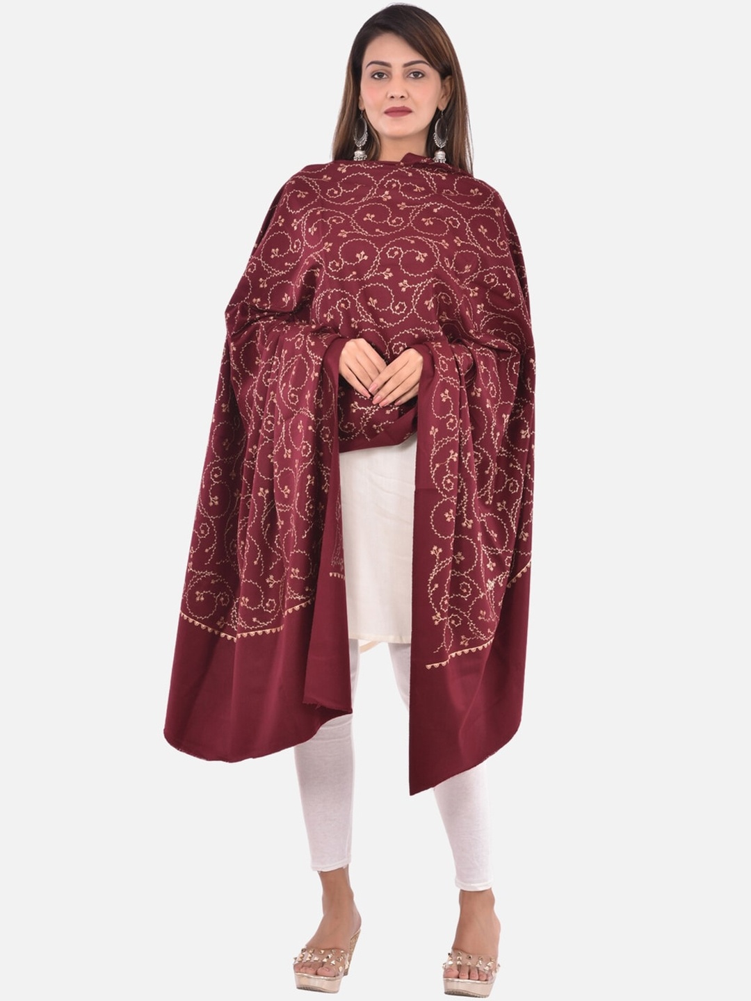 

BAISA Floral Embroidered Wool Shawl, Maroon