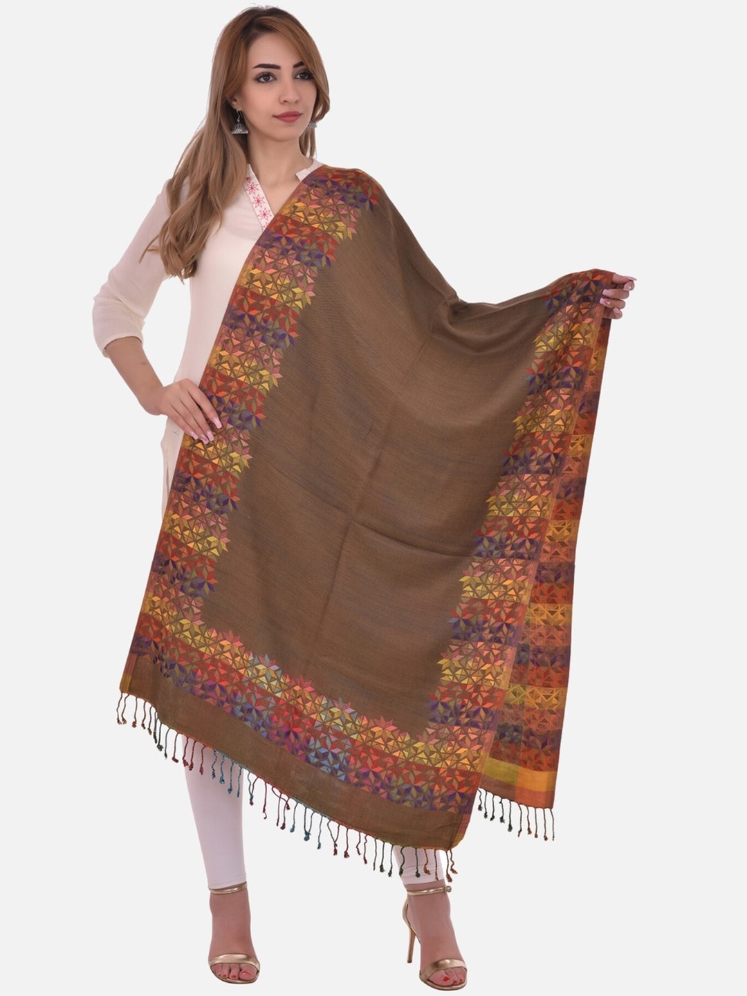 

BAISA Woven Design Aztec Border Reversible Acrylic Shawl, Brown