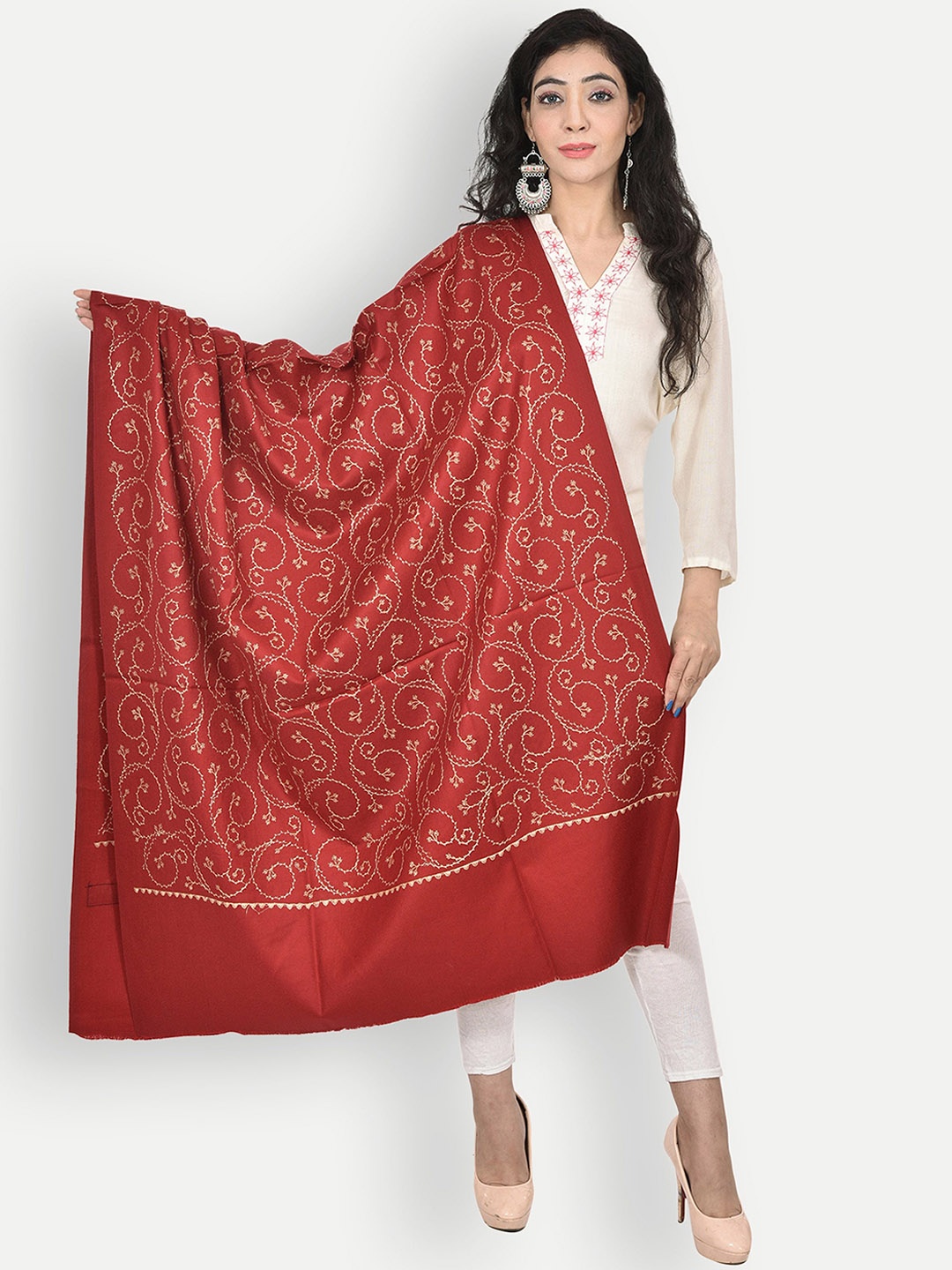 

BAISA Women Floral Embroidered Pure Wool Shawl, Maroon