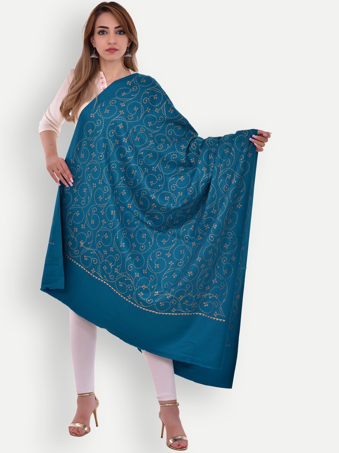 

BAISA Women Floral Embroidered Pure Wool Shawl, Blue