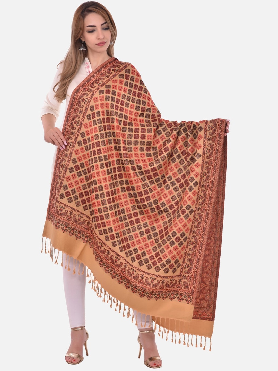 

BAISA Women Geometric Woven Design Acrylic Wool Shawl, Beige
