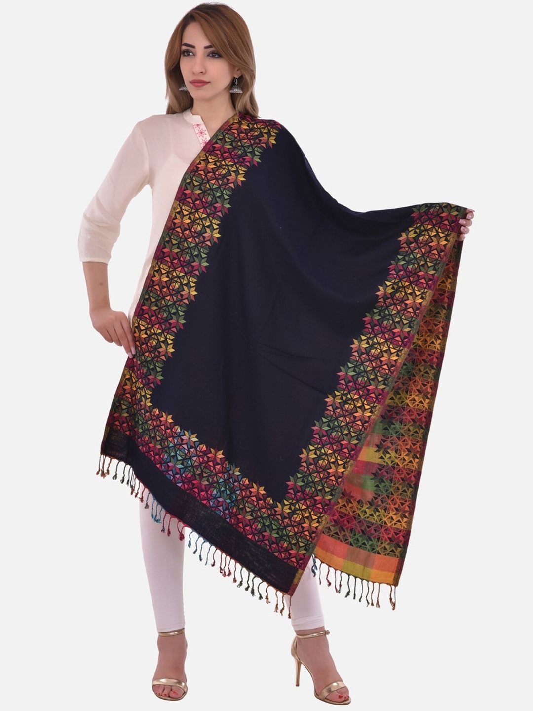 

BAISA Woven Design Acrylic Wool Shawl, Navy blue