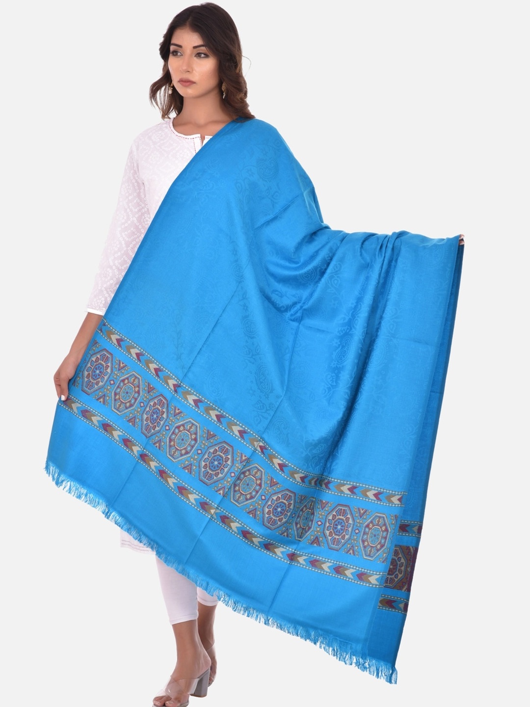 

BAISA Women Floral Woven Design Acrylic Wool Shawl, Turquoise blue