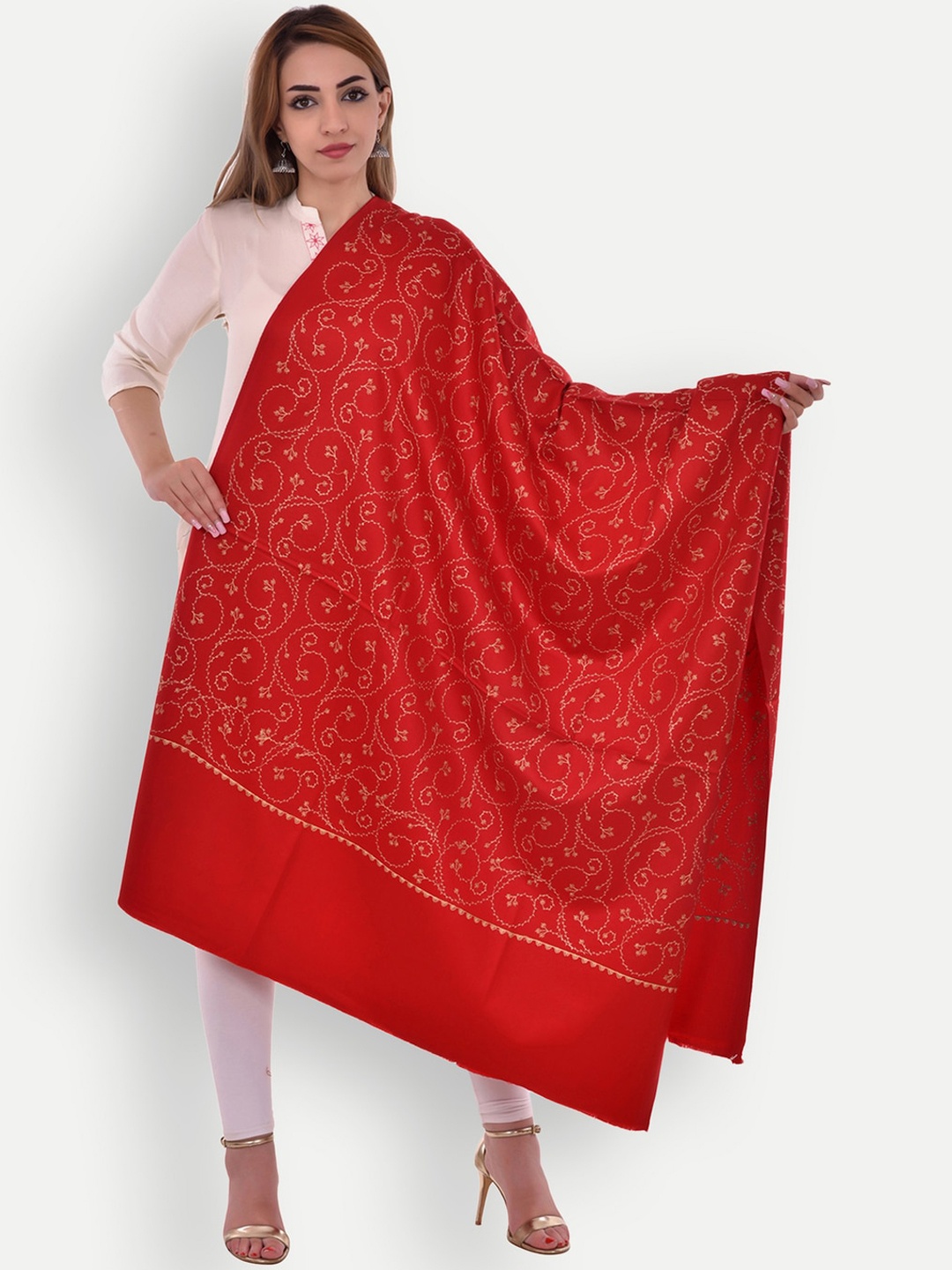 

BAISA Women Floral Embroidered Pure Wool Shawl, Red