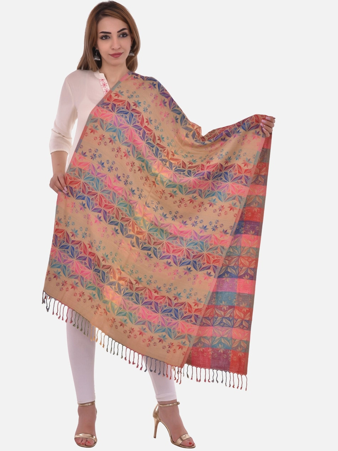 

BAISA Women Geometric Woven Design Acrylic Wool Shawl, Beige